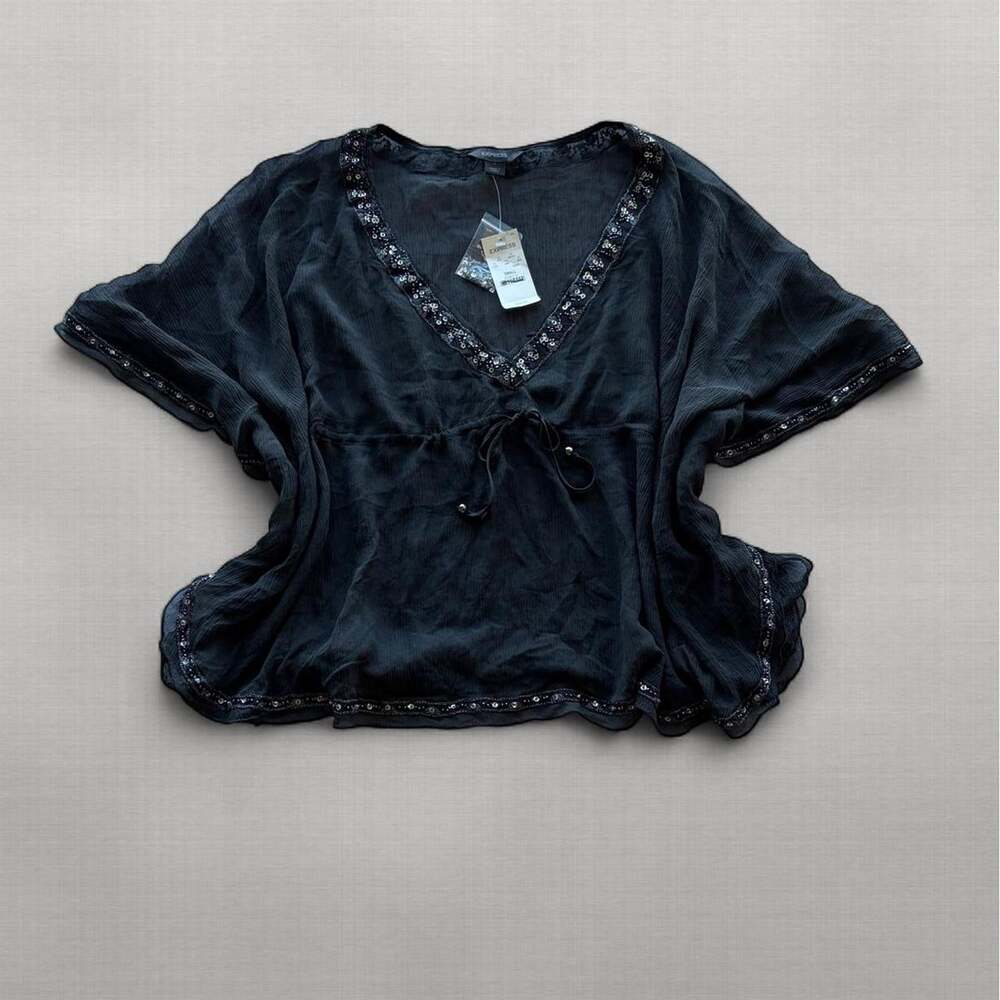 Y2K Express 100% Silk Batwing Top Womens S Black Sheer Beaded Kaftan NWT Sequin